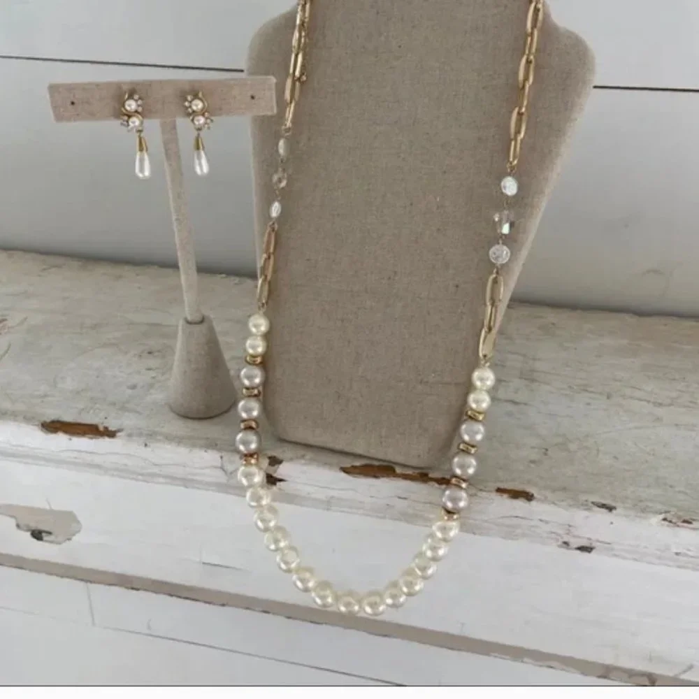 Paperclip Necklace Gold Tone Pearls Brand New AND Pearl Earrings Bundle Jewelry - Picture 13 of 13